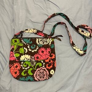 Vera Bradley Brown Floral Quilted Crossbody with Pink, Coral & Green Accents